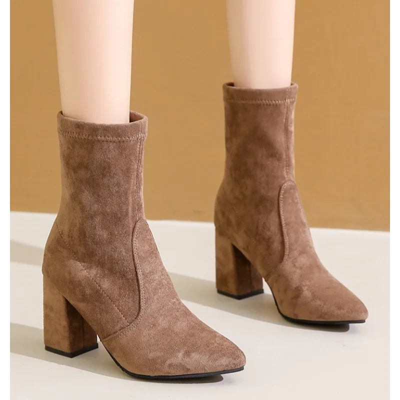

Size 34-42Thick Heel Ankle Boots Black Brown Flock Women Autumn/Winter Shoes Elegant High Heel Pointed Toe Short Booties Ladies