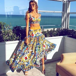 Plus Size Women Boho Dress Two Piece Set Floral Long Maxi Dress Casual Loose Vintage Print Pad Crop Top Summer Beach Dress 2022