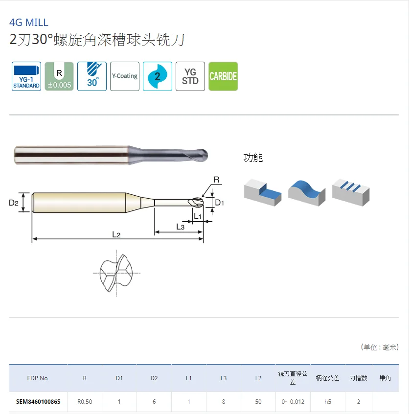 YG-1 4G MILLS 1X6X1(8)X50 1.5X4X1.5(4)X50 SOLID CARBIDE END MILLS 2 FLUTE BALL NOSE  EXTENDED NECK