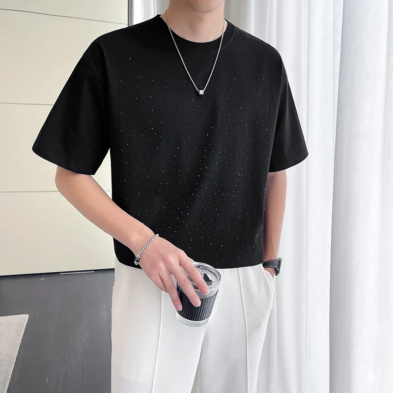 2023 Boutique Men's Fashion Korean Version of Casual British Style Trend Round Fake Ironing Drill Process Medium Sleeve T-shirt