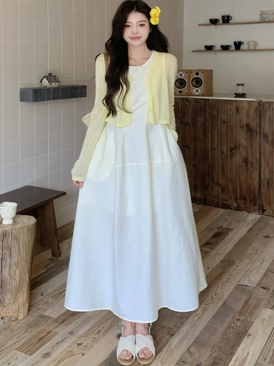 

plus Size Women's Sweet White Vest Dr Summer New Thin Sun Protection Top Bot Set Korean Sle Slim Fit High Waist Midi ...