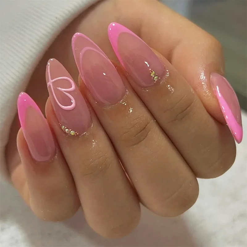 

24Pcs Press-On Nail Set: Heart-Shaped Pink French Tips with Minimalist Almond Shape Perfect Gift for Girls and Friends