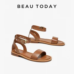 BEAUTODAY Gladiator Sandals Women Genuine Cow Leather Buckle Strap Low Heels Ladies Casual Outdoor Flat Shoes Handmade 32344