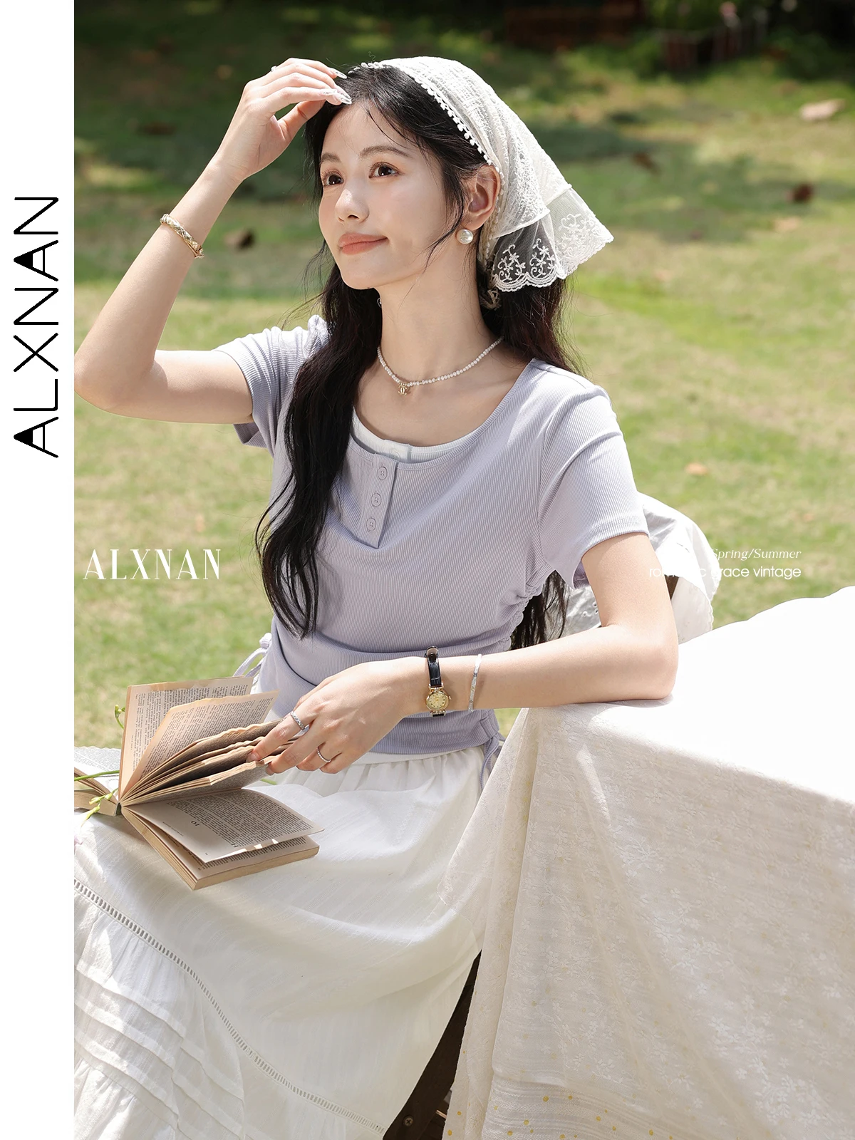 ALXNAN Plus Size Women's T-shirt Purple Elegant Short Sleeve T-shirt 2025 Summer Round Neck Drawstring Waist Tops Ladies D10588