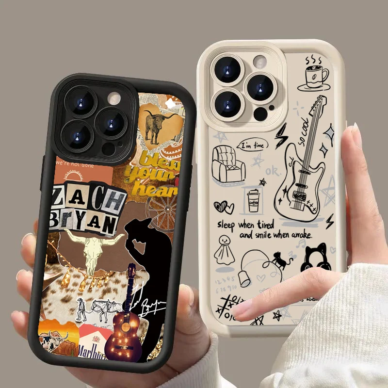 Western Cowboy Guitar Pattern Black Phone Case For iPhone 16 15 14 13 12 11 Pro Max X XS XR Max 7 8 Plus SE2 Mini Silicone Cover