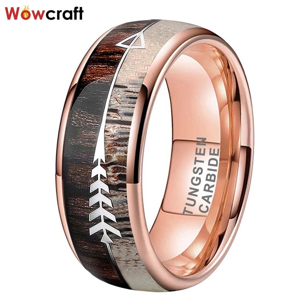 

8mm Men Women 8mm Fashion Tungsten Wedding Band Wood Arrow Deer Antler Inlay Trendy Engagment Promise Ring I Love You Engraved