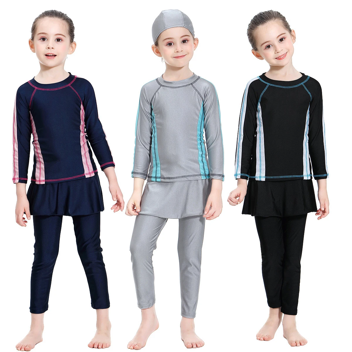 Kids Burkinis Full Coverage Muslimah Swimsuit 3pcs Islamic Long Sleeve Tops+pants+hijab Baby Arabic Ramadan Muslim Swimwear