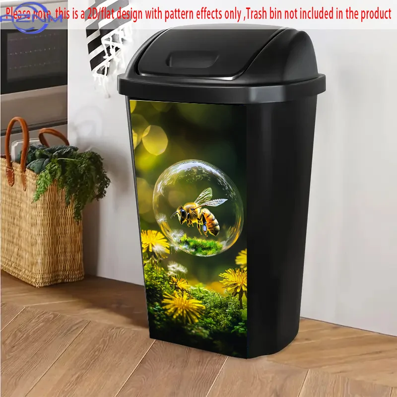 Self-Adhesive Dustbin Sticker - Vibrant Bee in Bubbles with Dandelions & Yellow Flowers Design,  PVC Decal for Trash Cans, Kit