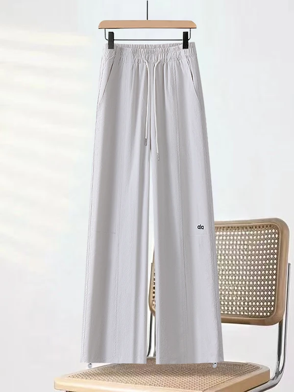 Calças de trabalho esportivas qui dry de seda gelo mulheres cintura alta fina proteção solar casual calças largas verão novo sle néctar rosa