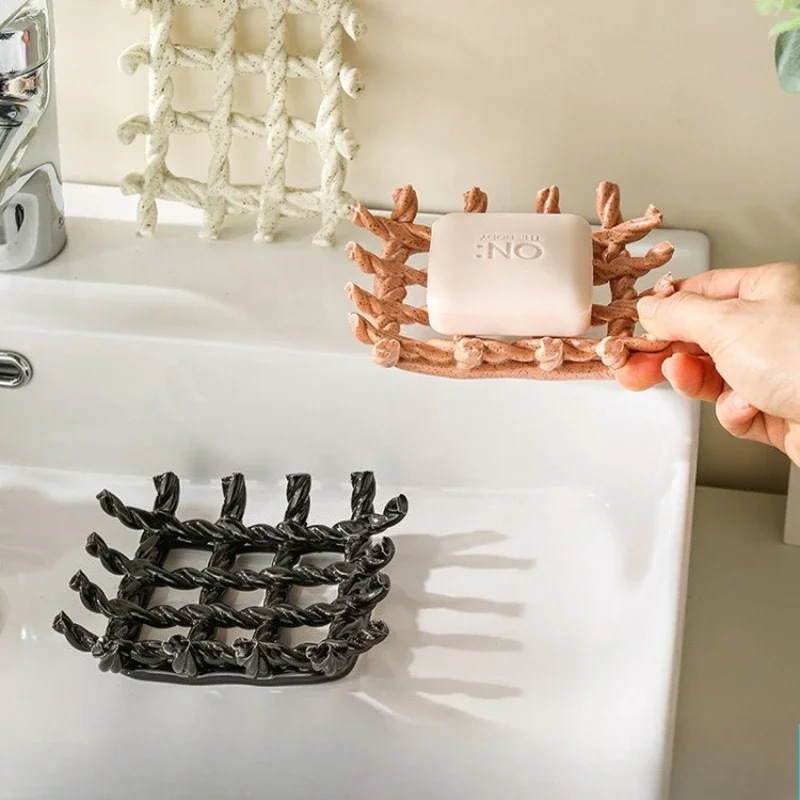 Ceramic Soap Dish Holder with Woven Texture Drain Tray for Bathroom Countertop Hotel Home Decor Use Easy Clean Design