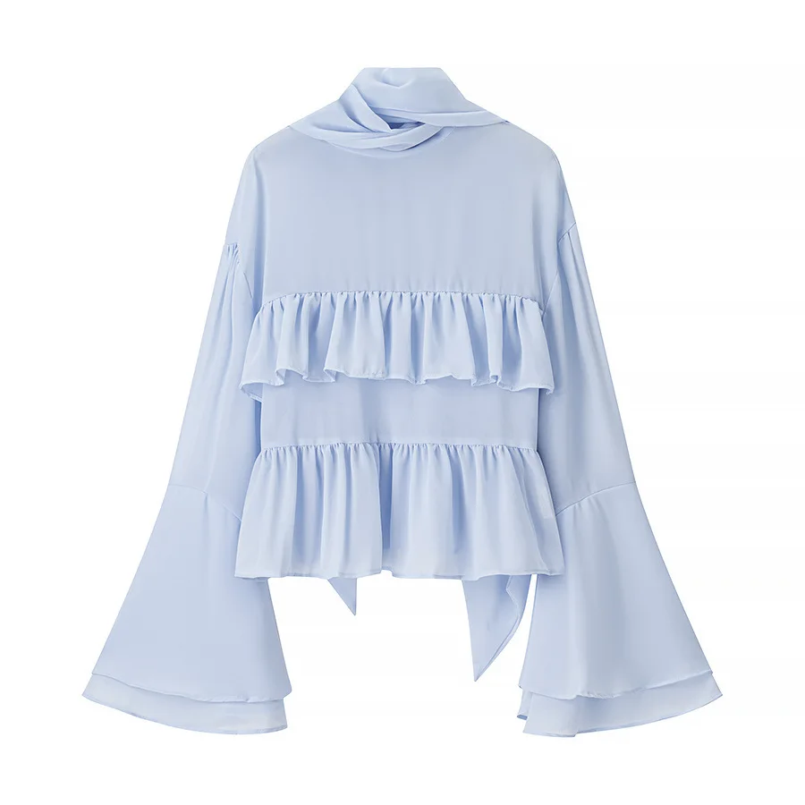 

Topenomi 2025 Autumn Tierred Ruffle Flare Sleeve Chiffon Shirt Women French Fairy Scarf Collar Loose Tops Holiday Fashion Blouse