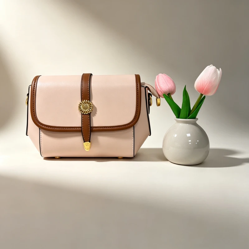Women Vintage Contrast Color Crossbody Bag Sunflower Buckle Design Small Shoulder Bag Fashion PU Leather Handbag