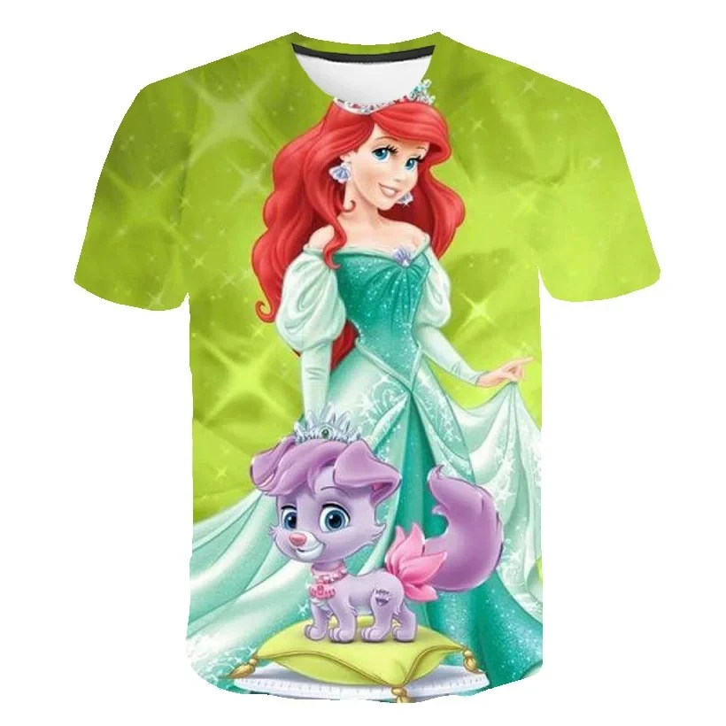 Disney-Princesa Ariel das crianças 3D impressão T-shirt da sereia, tops casuais infantis, lindos desenhos animados Tees, roupas das meninas