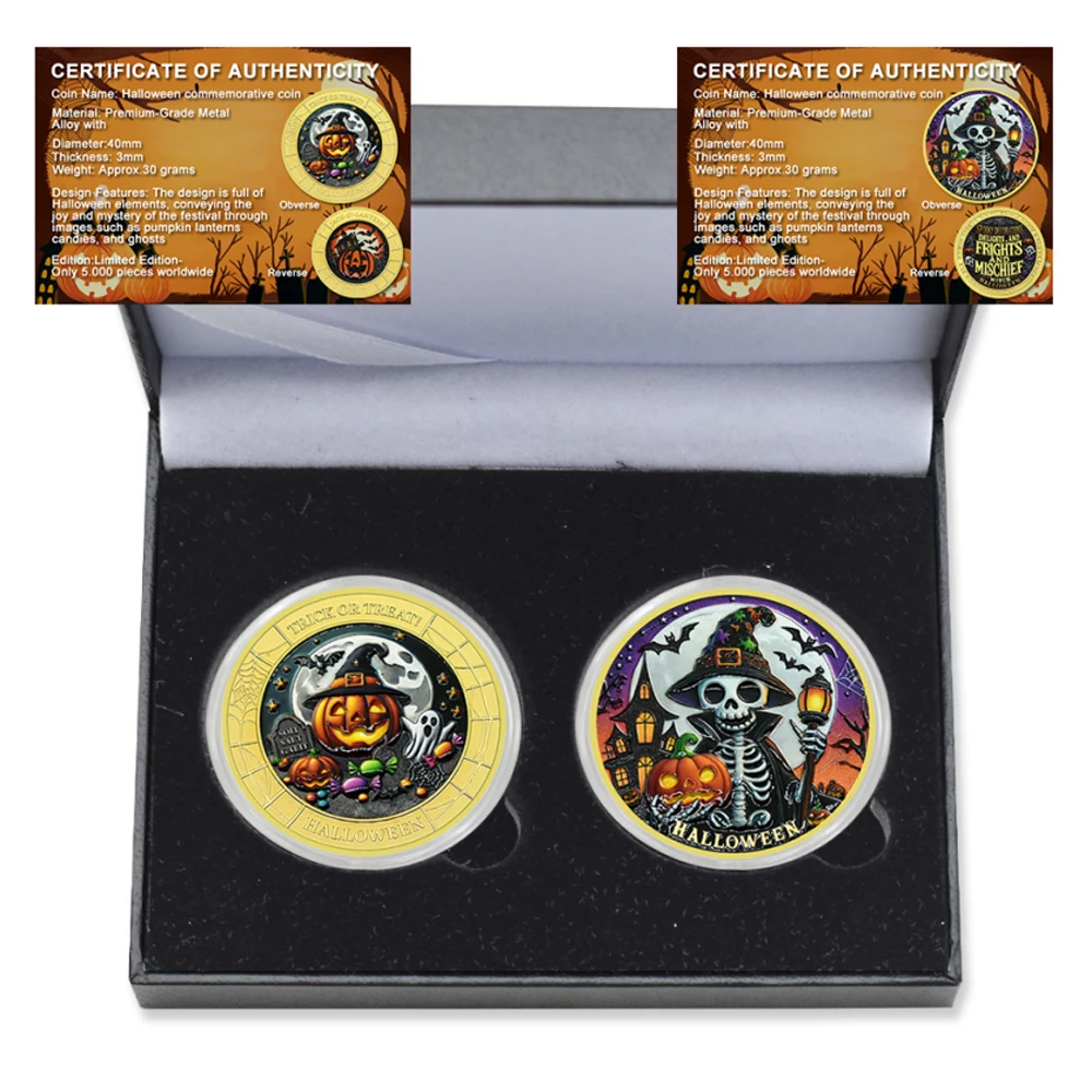 

2pc/Box Halloween Challenge Coin Witch Skeleton Pumpkin Metal Commemorative Coin with Certificate and Gift Box Collection