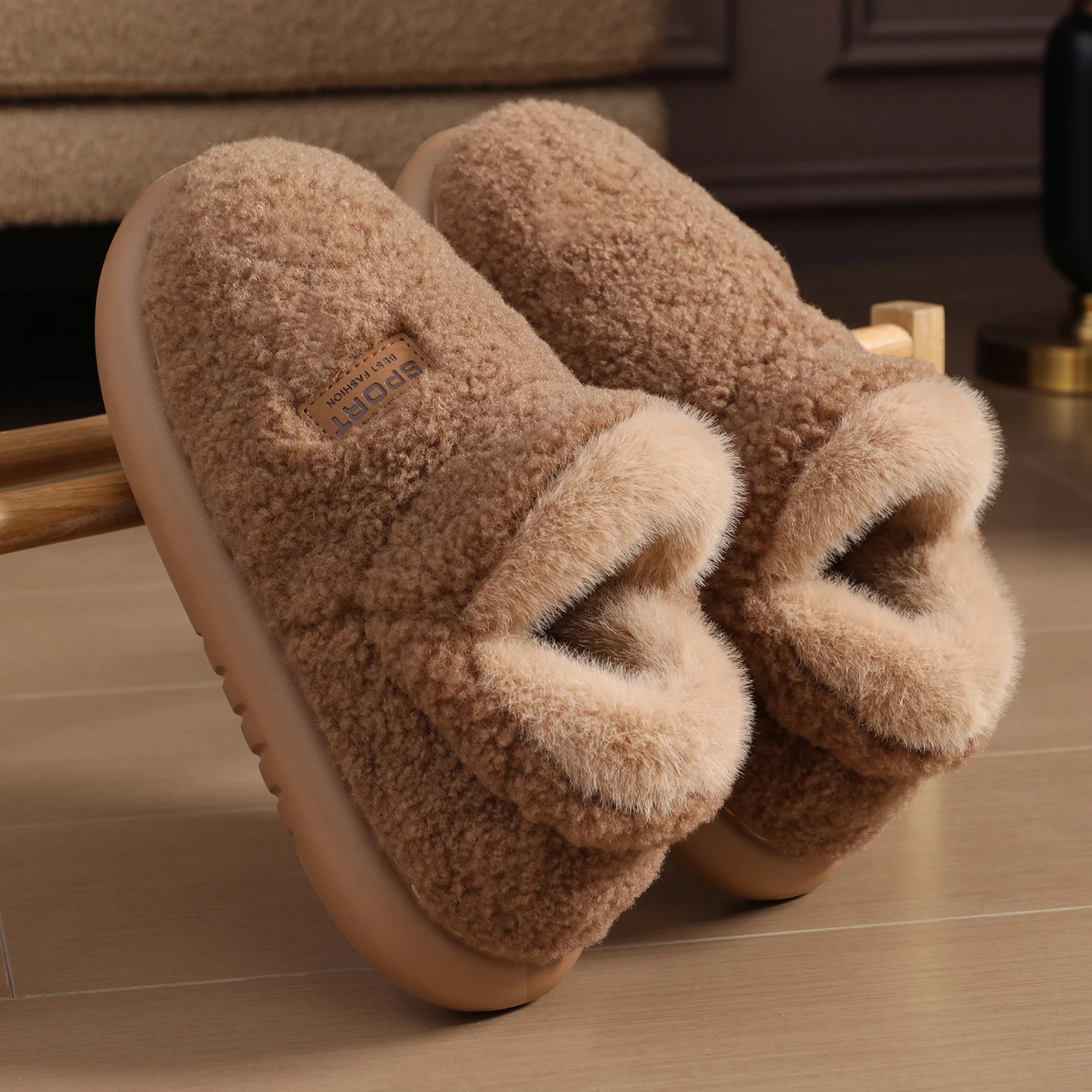 Winter Warm Slippers Women Men Fluffy Teddy Fleece Plush Indoor House Shoes Platform Cushion Sole Anti-Slip Bedroom Booties view 2