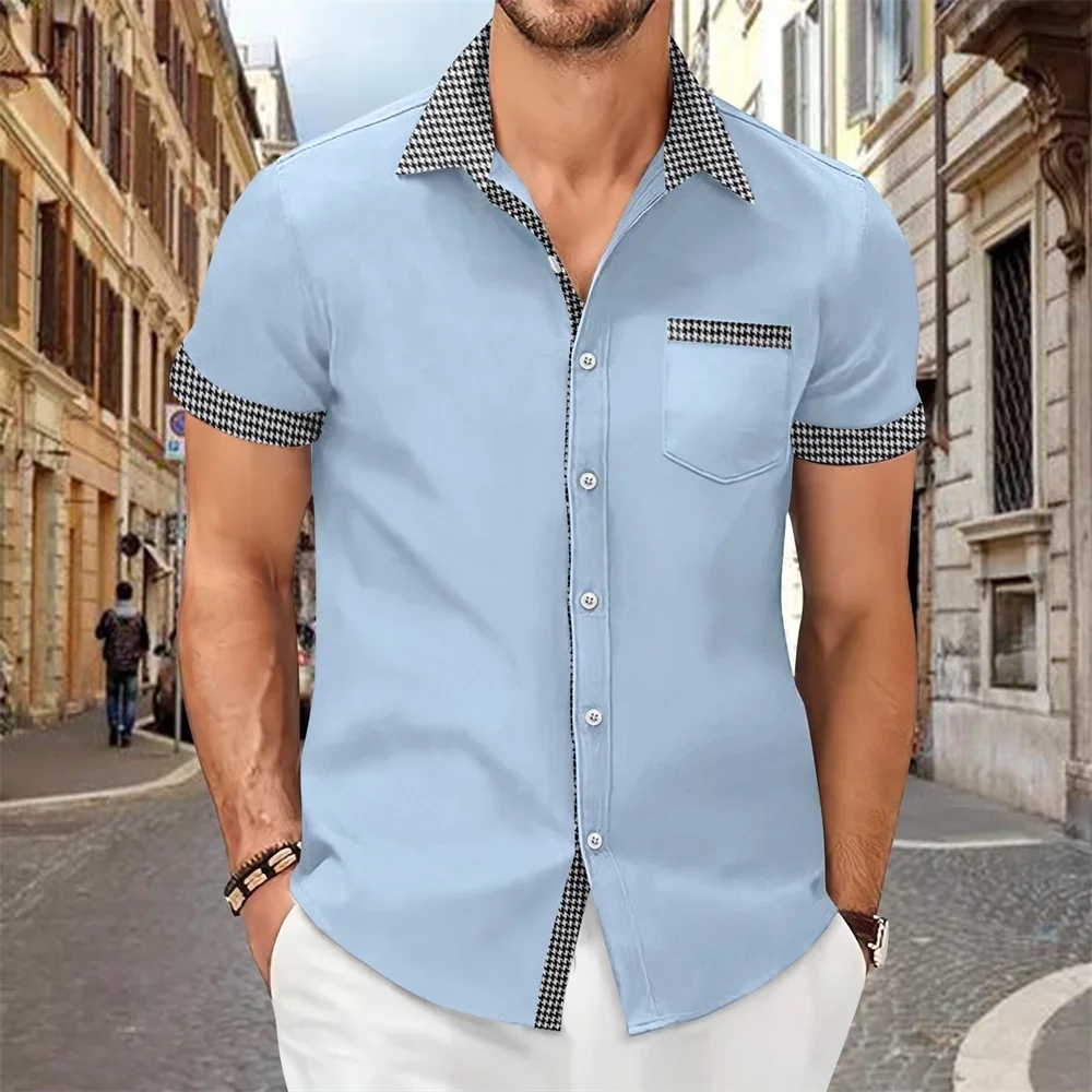 Camisa estampada de retazos para hombre, color sólido, top de manga corta cómodo y suave, talla grande, novedad de verano