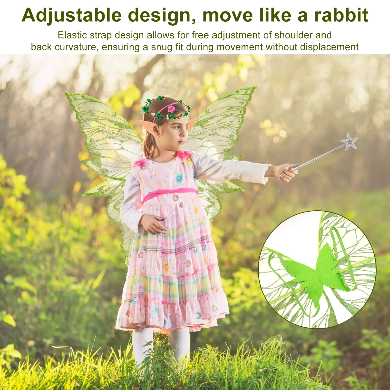 4-teiliges Set Schmetterlingsflügel-Umhang für Kinder, Mädchen-Feen-Schleier, Pixie-Umhang, Fantasievolles Grünes Kleid, Kostüm-Geschenke, Party-Halloween-DIY-Dekorationen