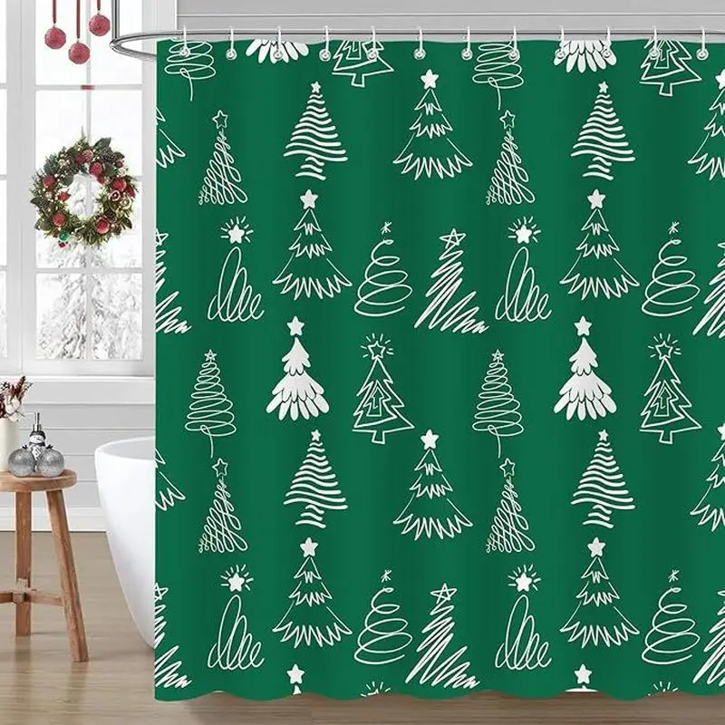 VIKAMA Christmas Shower Curtain, Boho Style Doodle Xmas Tree Print, Waterproof Neutral Winter Holiday Bathroom Decor Curtain