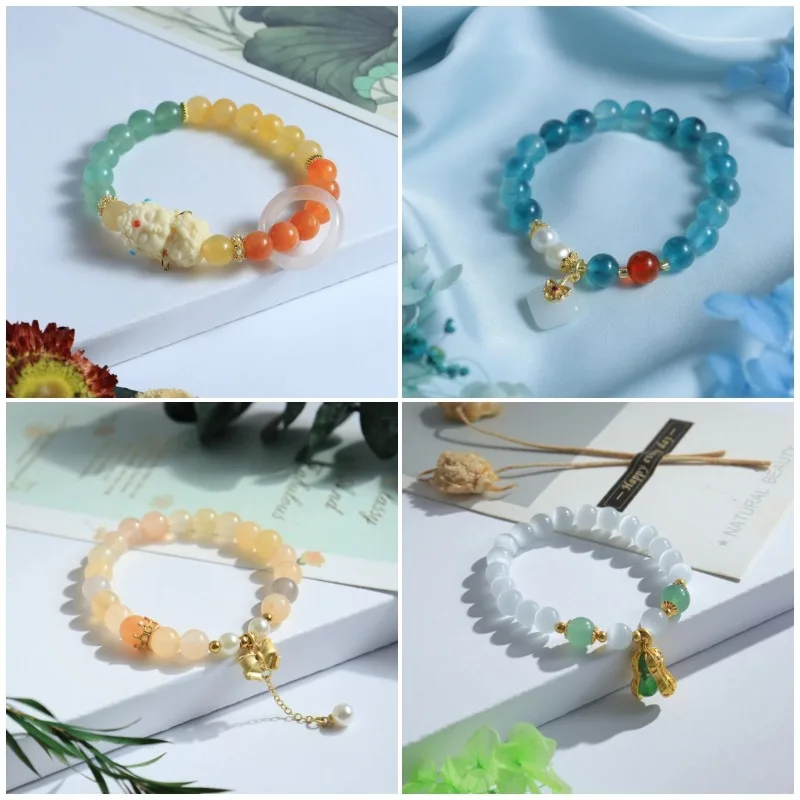 

Green Tara Cat's Eye Good Things Peanut Bracelet Gold Silk Jade Azure Frozen Fashion Bracelet Women's Simple Bow Jewelry