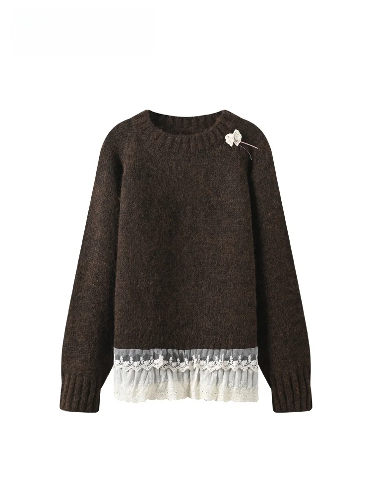 

French Sle plus Size Long Sve Lace Splicing Slimming Women's Sweater Winter New Arrival Comfortable Lazy Sle Top