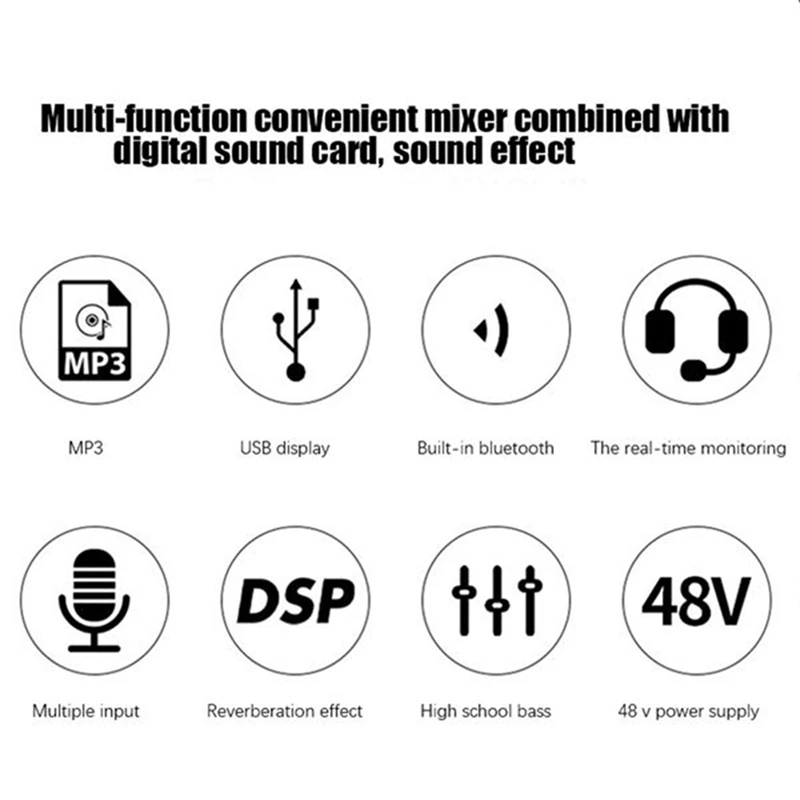 Sound Card Audio Mixer Sound Board Console Desk System Interface 8 Channel USB Bluetooth 48V Power Stereo (EU Plug)