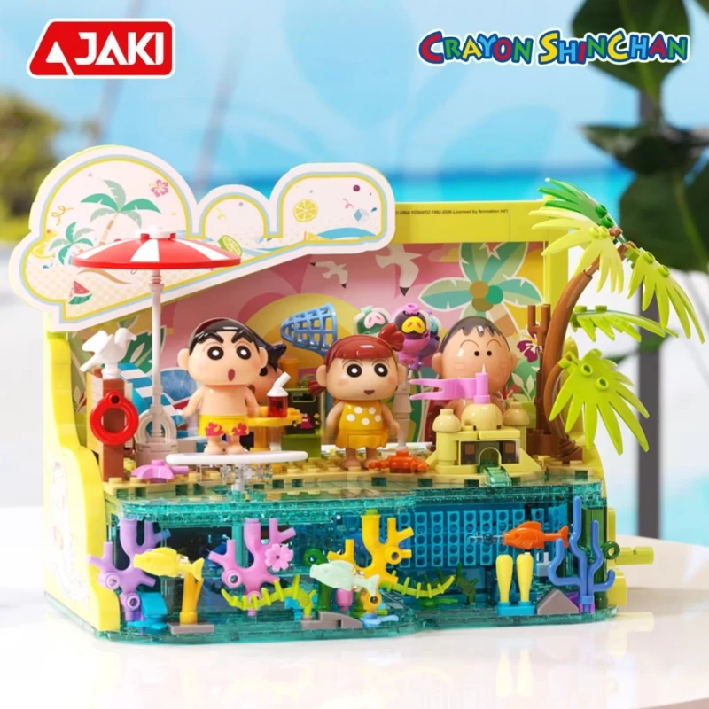 

JAKI Building Blocks Anime Crayon Shin-chan Beach Party Educational Toy Model Desktop Ornament Collection Gift