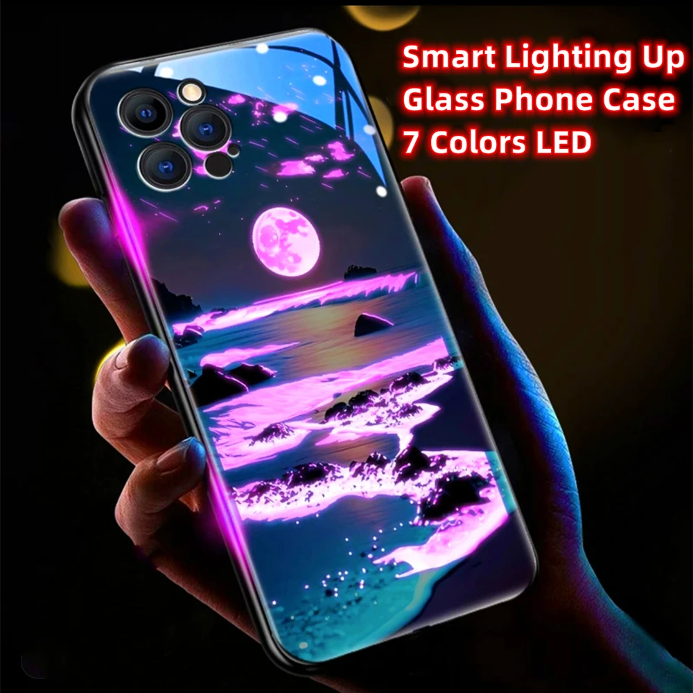 Lucky Beach Moon Sea Smart LED Light Glow Tempered Glass Phone Case For iPhone Air 17 16 15 14 13 12 11 Pro Max Plus view 6