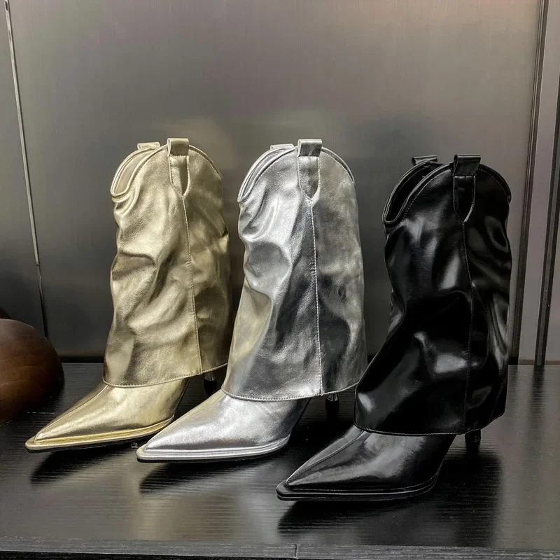 Eilyken Mode Goud Zilver Geplooide Puntschoen Enkellaarsjes Vrouwen Dunne Hakken Schoenen Dames Korte Mid-Kalf Booties Zapatos de Muje