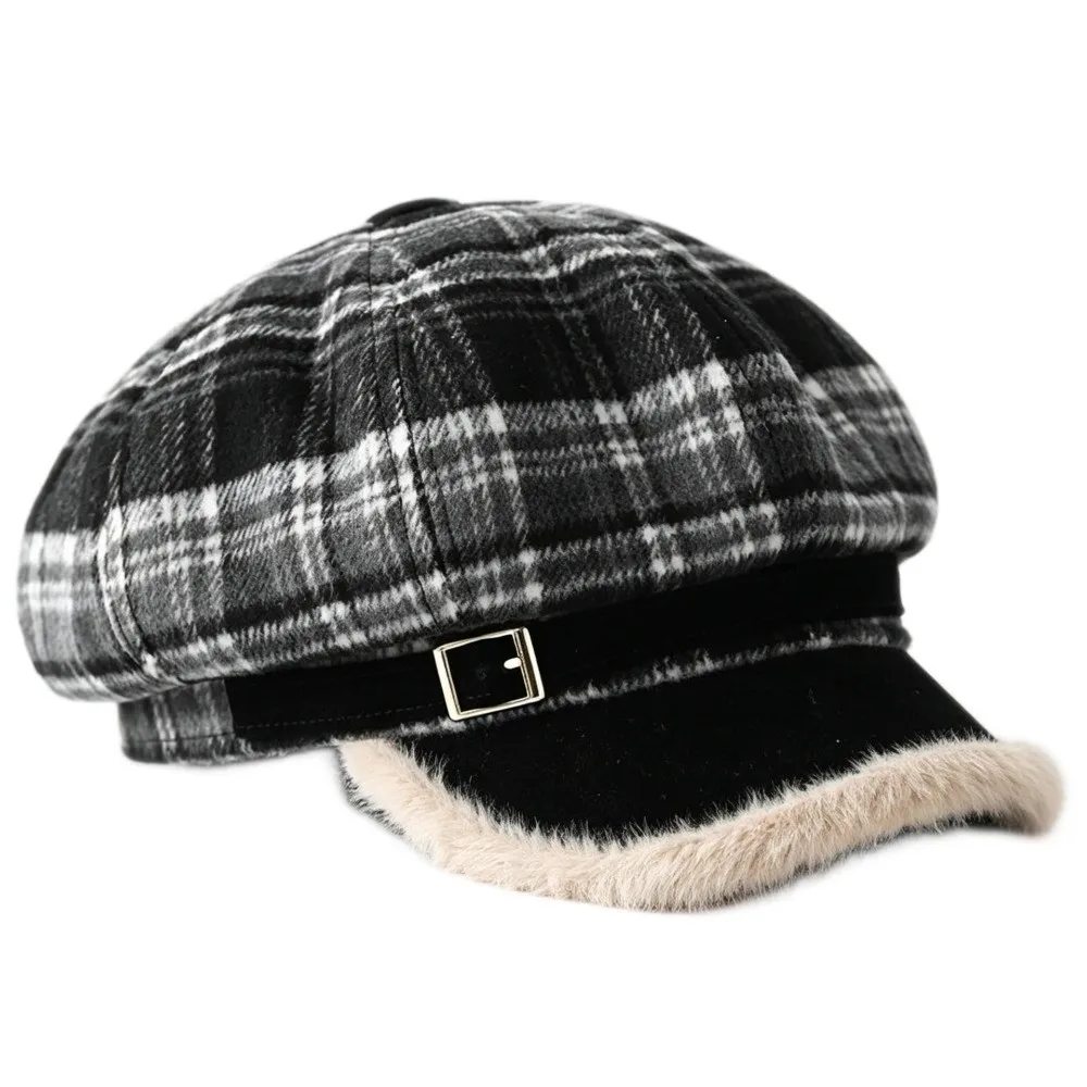 Fashion Faux Fur Lined Newsboy Cap Plaid Pattern Adjustable Peaked Cap Warm Lining Beret Hat Women