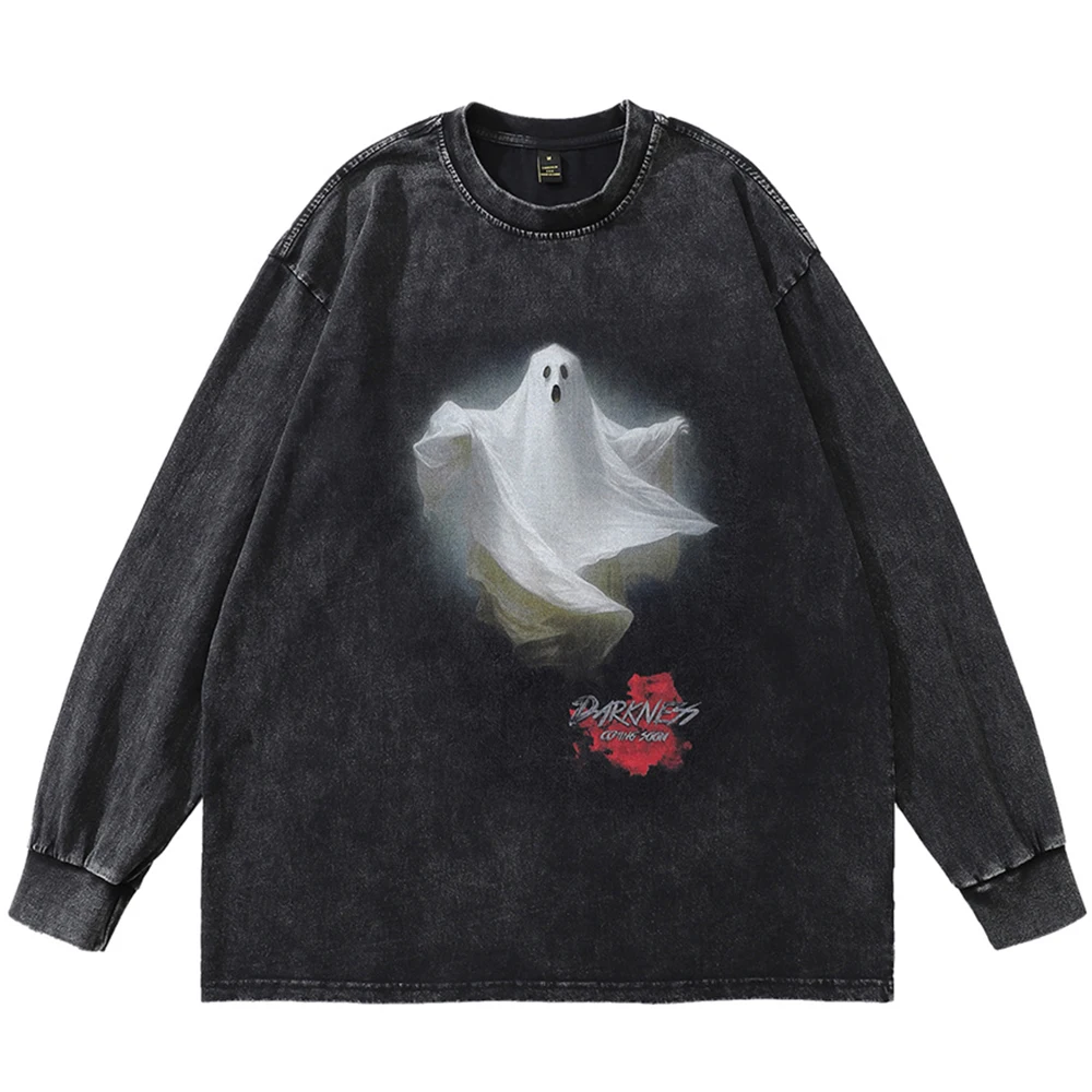 Ghost Long Sleeved Cotton T-shirt Men Autumn Crew Neck Hipster Tshirts Male Top