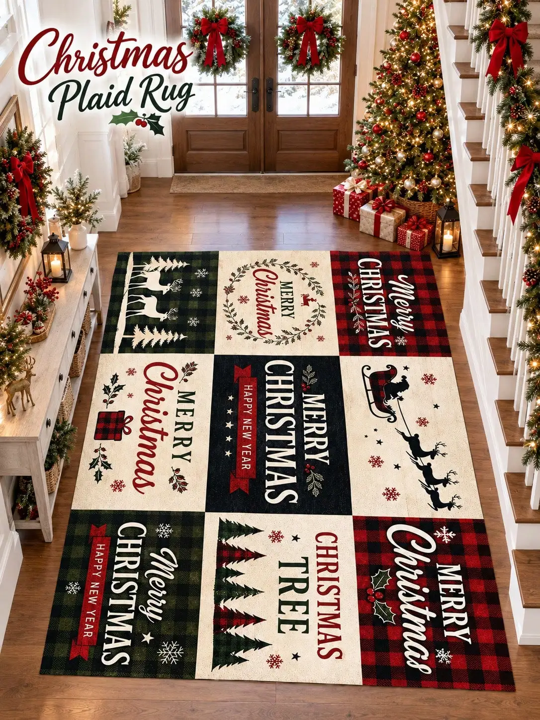 Christmas Rug Plaid Tree Sleigh Lettering Floor Decor Carpet Living Room Bedroom Dining Area Entryway Apartment Cabin Winter Home Accent Beside Sofa Coffee Table Housewarming Birthday Gift for Parents Friends Neighbors Homeowners Holiday Celebrations