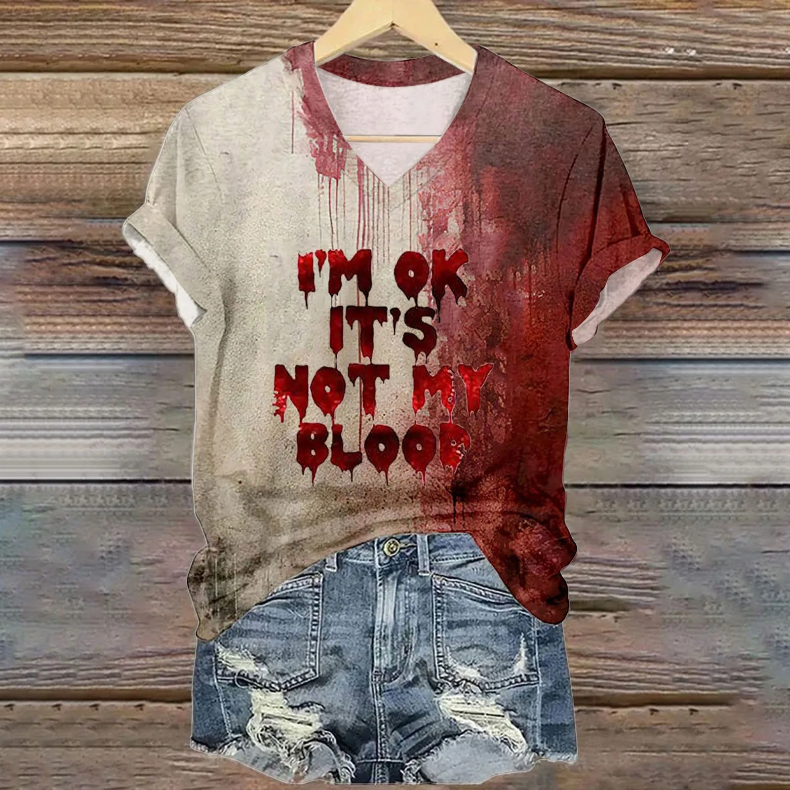 قميص الهالوين الدموي للنساء مضحك بياقة على شكل V وأكمام قصيرة ملابس دم الهالوين هدية رياضية بأكمام قصيرة للنساء #6