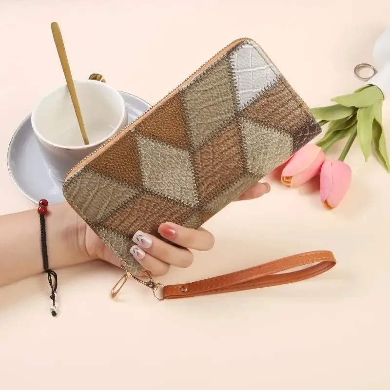 Color-blocking Vintage Mid-length Wallet with Wristlet Strap - Fashionable & Versatile Women's Purse