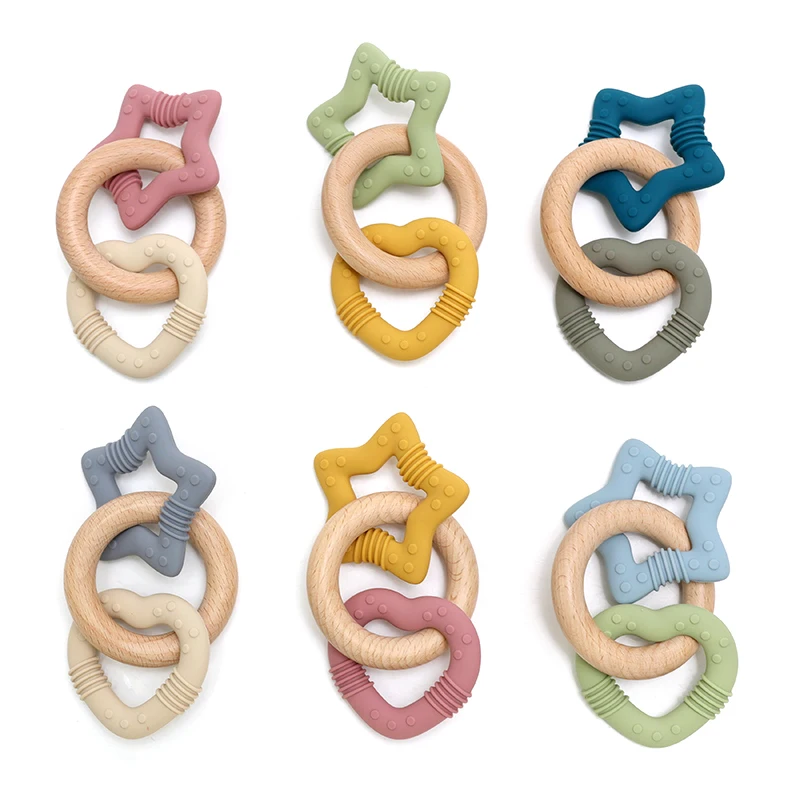 3 in 1 Baby Wooden Ring Teether Silicone Star and Heart Teether with Teething Wooden Ring Baby Rattle Toy