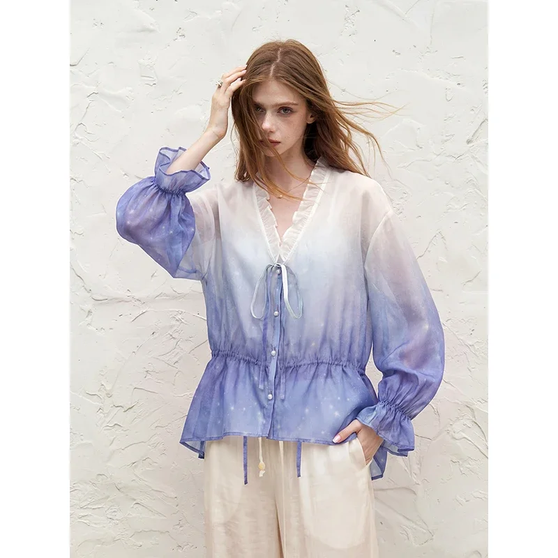 ELFSACK Women's Gradient Satin Blouse V Neck Lantern Sleeve Ruffled Hem Waist-Cinching Elegant Shirt