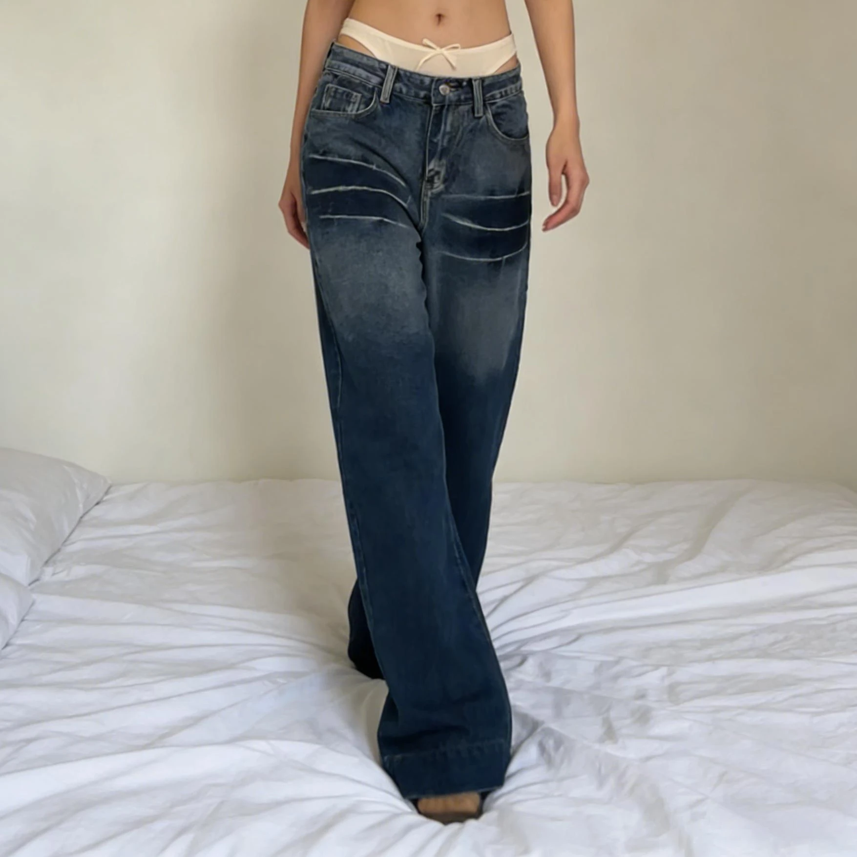 

Роскошные женские джинсы из денима с эффектом потертости, с низкой посадкой, в стиле ретро, градиентные, свободного прямого кроя, с карманами