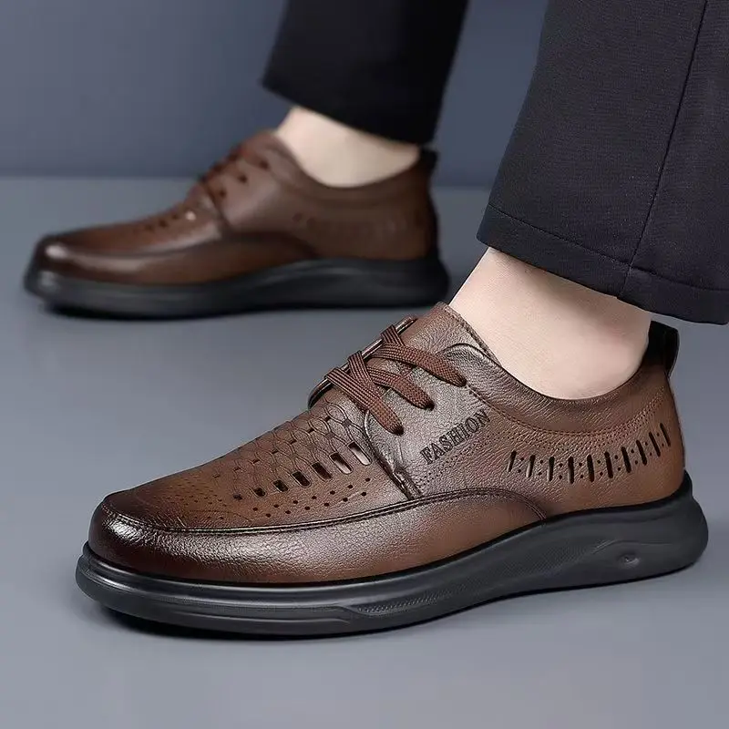 

Men Real Leather Hollow Out Big Size Casual Shoes Spring Summer New Soft Sole Non Slip Breathable Lightweight Lace Up Sandals