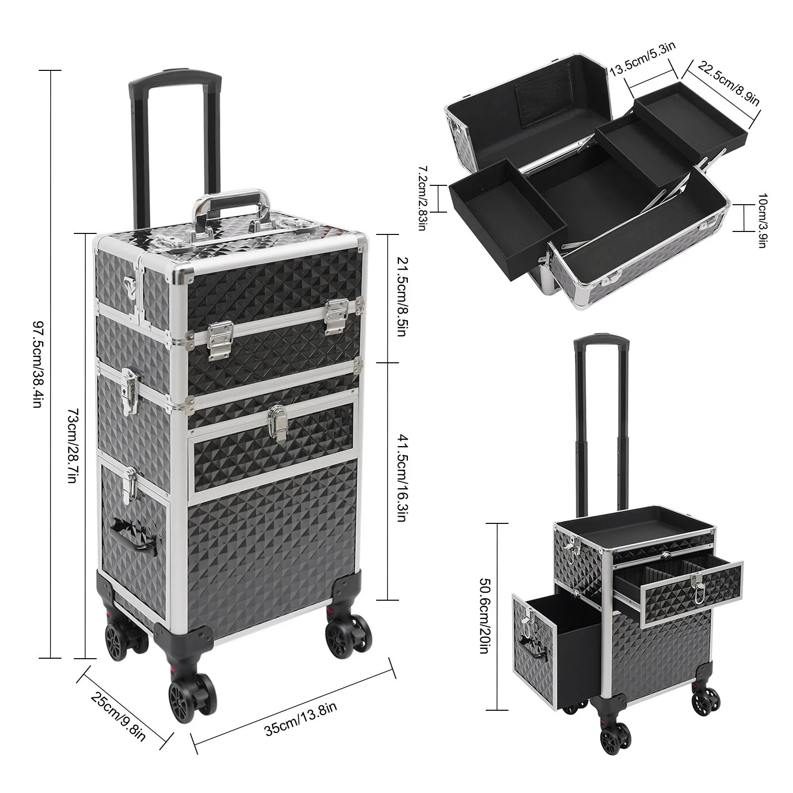 Makeup Case, Cosmetic Organizer, Multi Layer Makeup Train Case ABS Aluminum Rolling Waterproof Drawer Large Nail Tattoo Tool Box for Salon Home