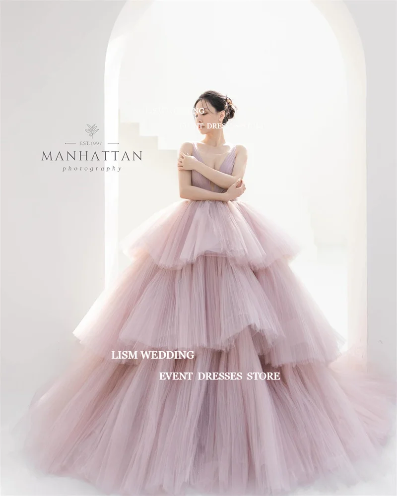 LISM 2024 Gorgeous Dusty Pink Tulle Wedding Dresses Korea Photoshoot V Neck Layered Tiered Bridal Gowns Evening Party Dress