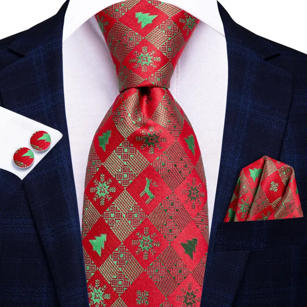 

Red Green Silk Christmas Tie For Men Gift Mens Necktie Handky Cufflink Set Fashion Party Wedding Dropshiping Hi-Tie Designer