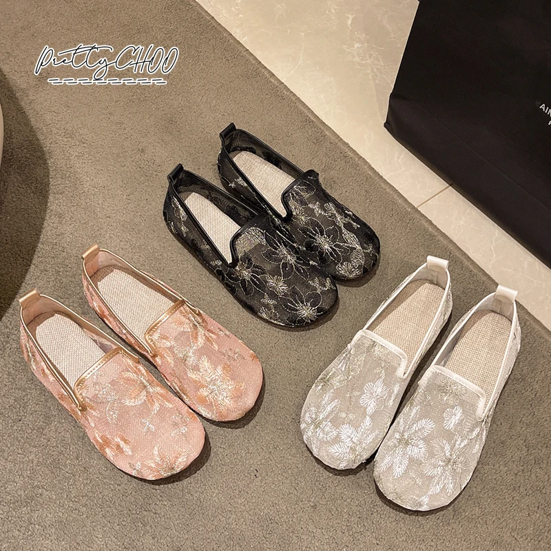 Transparent Floral Lace Loafers Woman Summer Breathable Mesh Moccasin Shoes Ladies Chic Flower Embroidery Ballet Flat Zapatos