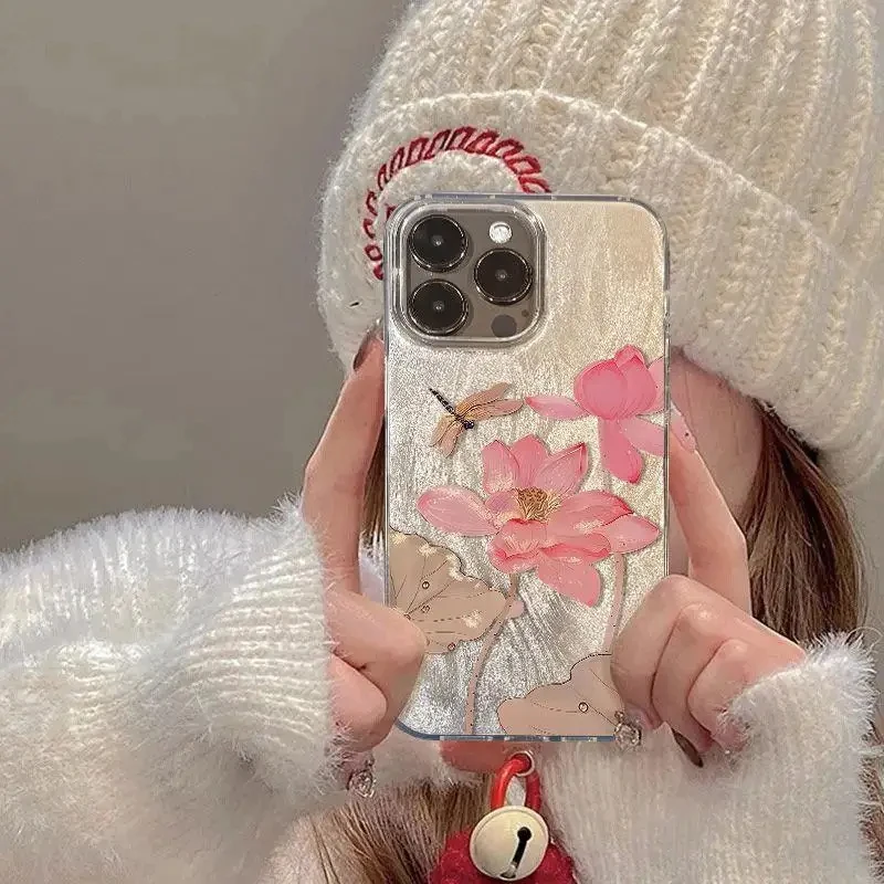 حافظة هاتف لوتس وردية بسيطة لهاتف آيفون 16 حافظة آيفون 11 12 13 14 15 برو ماكس XS X XR 7 8 Plus 16e غطاء ممتص للصدمات