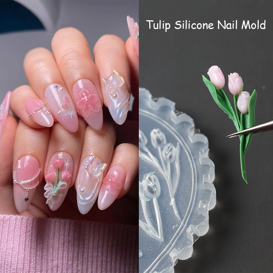 3D Tulip Flowers Silicone Nails Carving Stencil Mold Spring Floral Petals Sakura Lily Leaf DIY Tools Manicure Accessories Decor