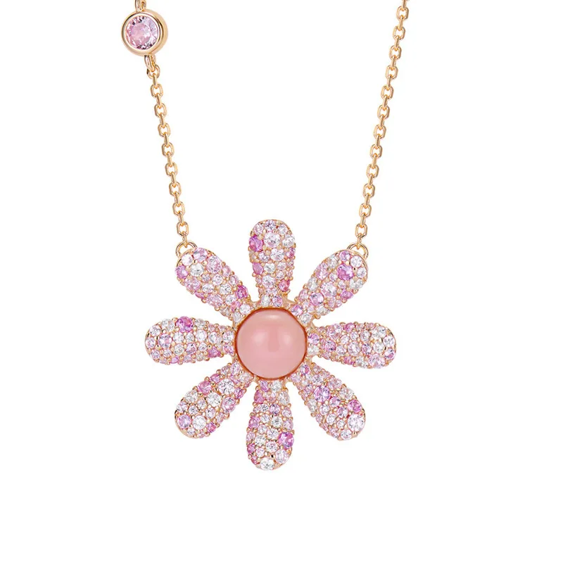 CAMEO Gradient Pink Yellow Daisy Necklace 925 Silver Gold Plated Zircon Sunflower Pendant Fashion Vacation Style Jewelry
