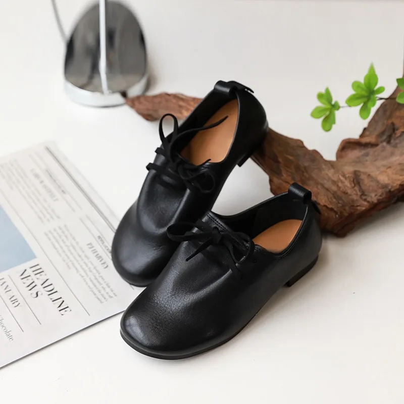 

Birkuir Retro Lace Up Low Heel Shoes For Women Round Toe 2025 Casual Spring Genuine Leather Soft Upper Leisure Black Shoes