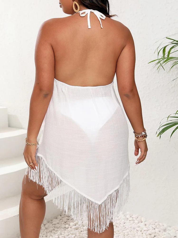 GIBSIE Plus Size Tassel Tie Neck Cover Up For Swimwear Sexy See Through Backless Women's Summer Fringed Beach Bikini Cover-Ups