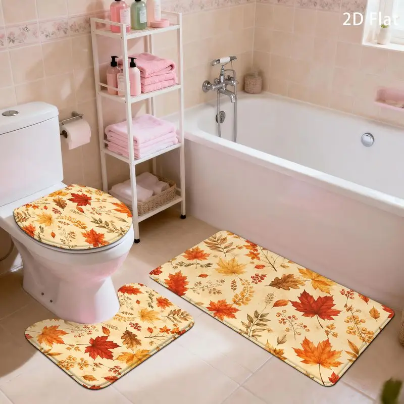 VIKAMA Autumn Maple Leaf Bathroom Set 3 Piece Toilet Lid Cover Non Slip Bath Rug U Shape Mat Fall Harvest Thanksgiving Decor