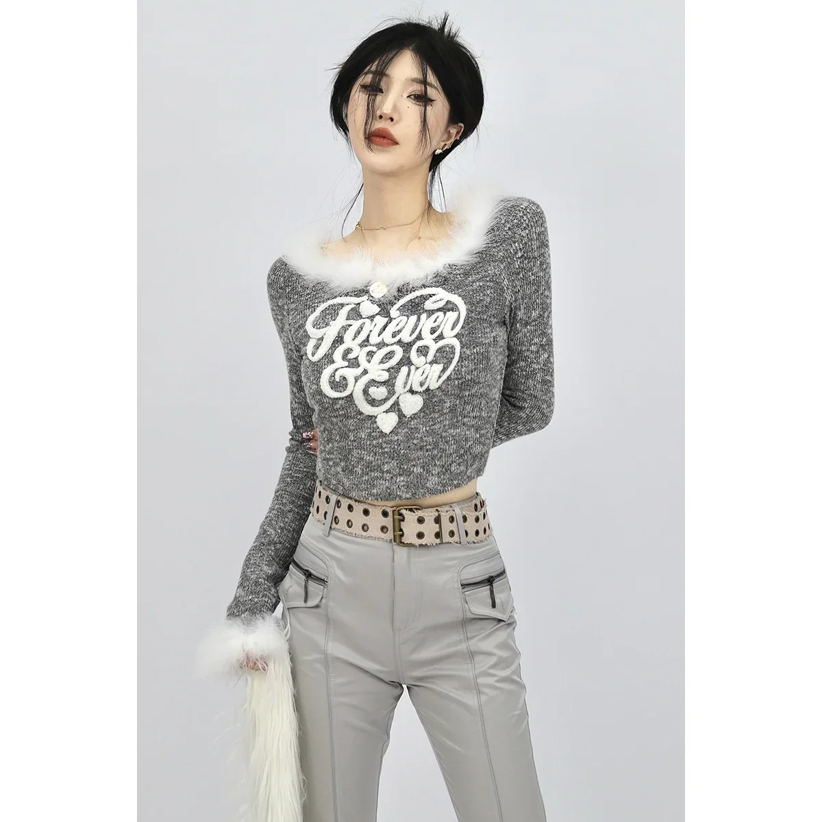 Japan Harajuku Grey Tshirt Spring Furry Neck Sleeve Letter Print Hot Girl Punk Goth Knitted T-shirt Sweet Cute Tee y2k top Women