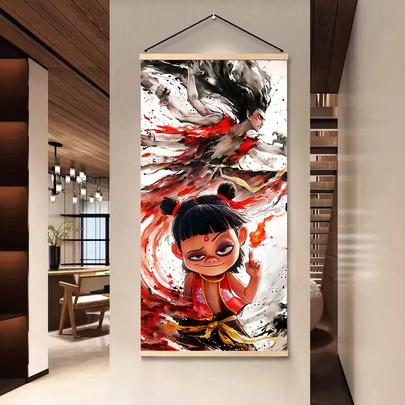

Nezha Hanging Painting Background Cloth No Punching Required Decorative Painting Originality Decorative Door Wall Backdrop New