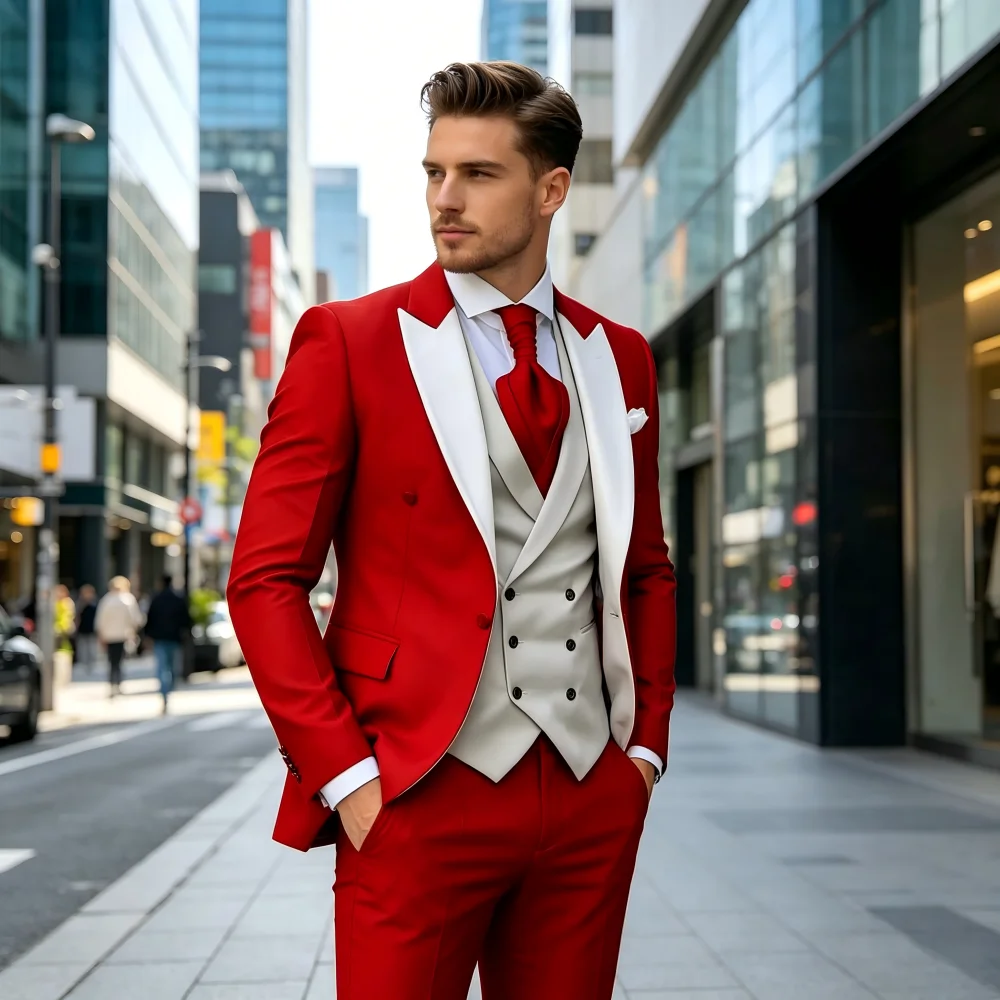 

Pink Men's Elegant Peak Lapel Tuxedo 3-Piece Suit with Blazer Vest And Pants Set for Formal Business Prom Grooming